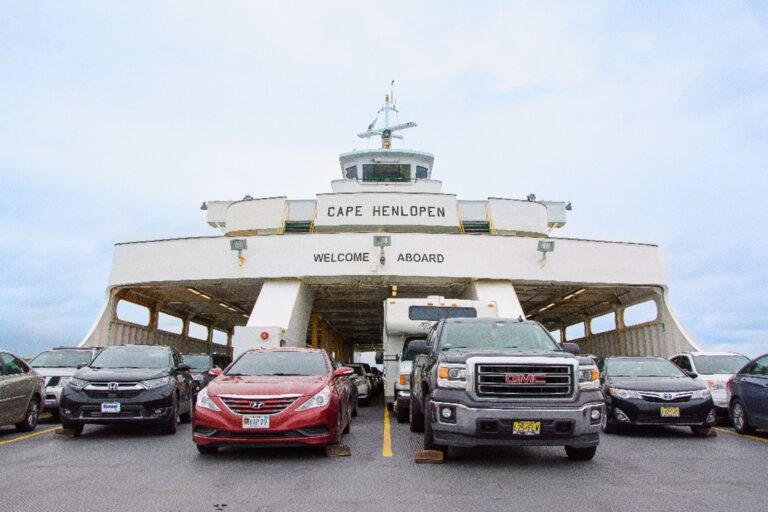 Vehicles of all sizes including an RV are parking on the car deck of the Cape May - Lewes Ferry MV Cape Henlopen