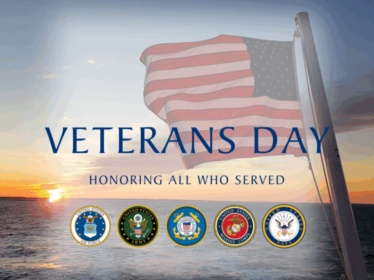 graphic that says "Veterans Day, honoring all who served" with a backdrop and of an American flag flying on the Ferry while the sun sets