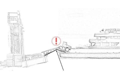 Rendering of a low tide "low boy" loading onto the Cape May - Lewes Ferry and the resulting "hang-up" that may occur