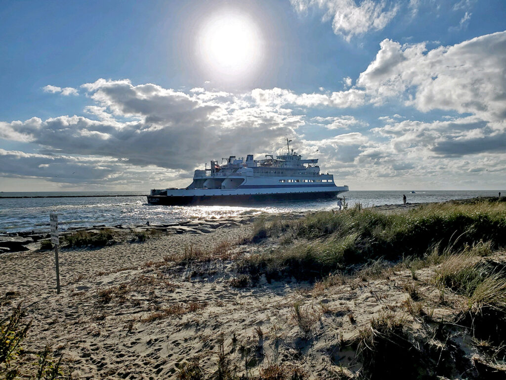 A view of the Cape May - Lewes Ferry from Sunset Beach in Cape May as she sails on Delaware Bay