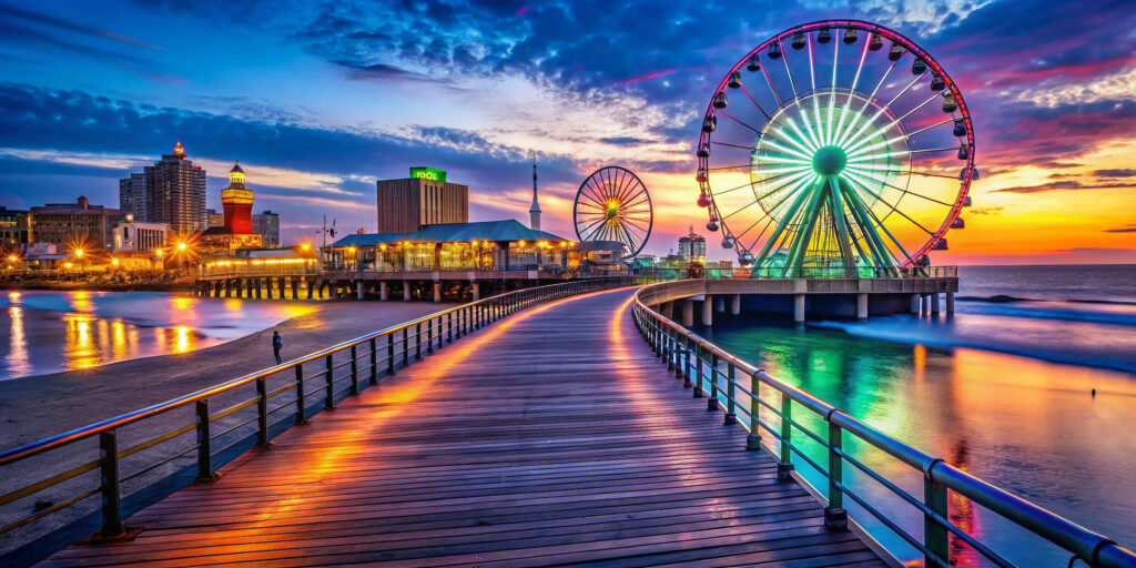 Scenic Views of Atlantic City Boardwalk Featuring Vibrant Lights and Beautiful Ocean Backgrounds