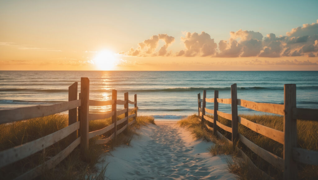 The sunrises over Dewey Beach from the dune walk approaching the beach