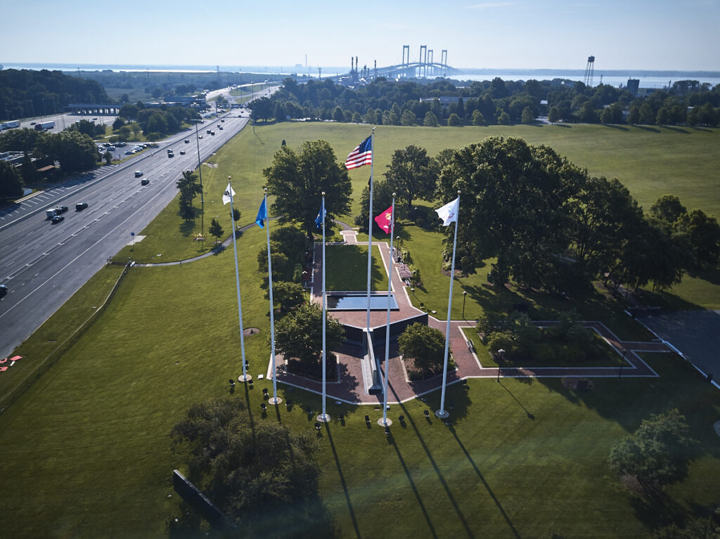Veterans Memorial Park from above, the Delaware Memorial Bridge span in the background
