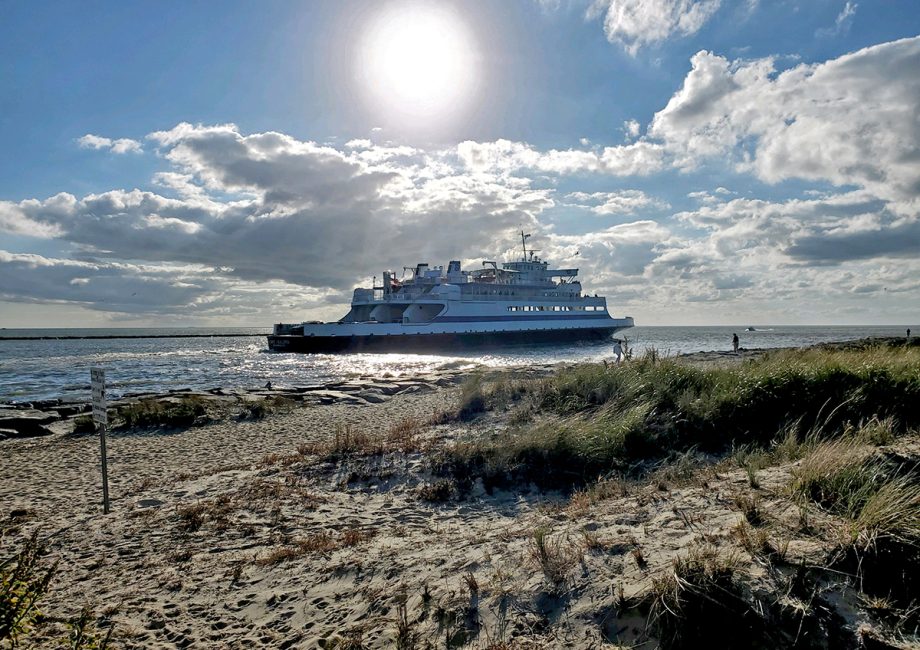 A view of the Cape May - Lewes Ferry from Sunset Beach in Cape May as she sails on Delaware Bay