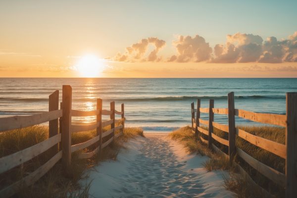 The sunrises over Dewey Beach from the dune walk approaching the beach