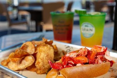 A delicious Lobster roll and fries at Grain on the Rocks